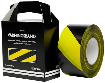Kartong och rulle med gul-svart varningsband, diagonala ränder. Texten "Varningsband" och "ETAB 38 GS" synlig.