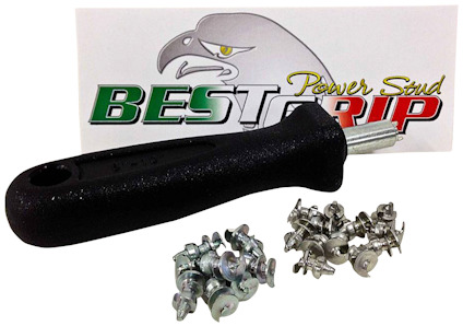 Svart skruvverktyg och flera metallskruvar framför en "BESTGRIP" logotyp.