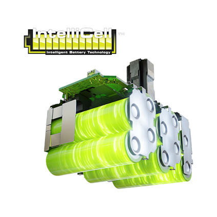 Visar hur ett ONE+ batteri av märket RYOBI ser ut på insidan med 6 gröna cylinderbatterier med kretskort och texten "IntelliCell Intelligent Battery Technology".