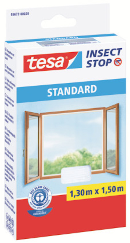 Förpackning med Tesa Insect Stop för fönster, vit färg, visa en bild av ett fönster och information om produktstorlek.