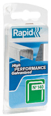 Förpackning med häftklamrar i en transparent blisterförpackning märkt "Rapid High Performance Galvanized N°140".