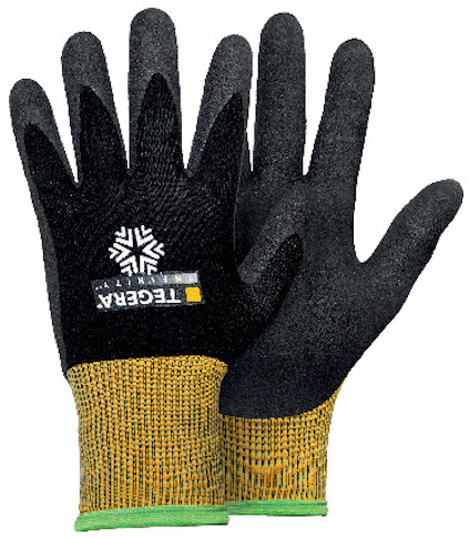 Arbetshandskar med gult elastiskt handlovsband, svart greppyta och vit logotyp på handryggen.