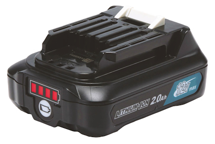 Makita svart litiumjonbatteri med 12V max och 2.0Ah märkning, med en indikator och logotyp på sidan.