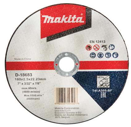 Rund kapskiva av märket Makita, med text och symboler för specifikationer och säkerhetsinformation.