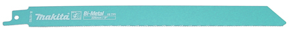 Tigersågsblad med Makita-logotyp, ljusblå färg och tandad kant till höger.