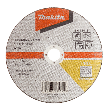 Kapskiva med texten "Makita" och tekniska specifikationer, inklusive symboler för säkerhet och användning på rostfritt stål.