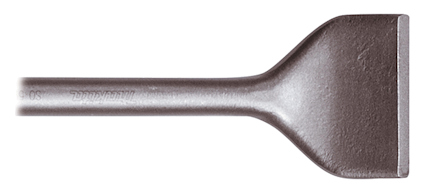 Metallmejsel med bred, platt ände och lång, cylindrisk skaft.