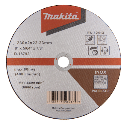 Kapskiva med Makita-logotyp och teknisk specifikation i svart och rött tryck. Texter och symboler mot vit bakgrund.