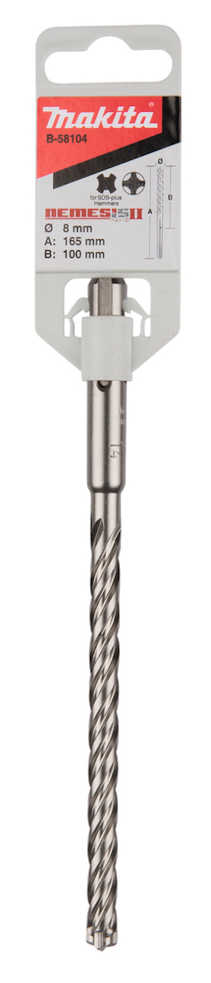 Borr, märkt Makita, 8 mm diameter och 100 mm längd. Förpackning visar produktinformation.
