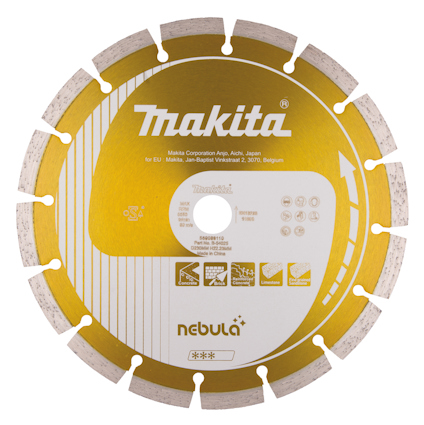 Guld- och silverfärgad cirkelformad diamantklinga med texten "Makita nebula".