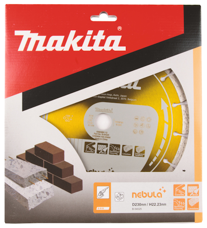 Makita förpackning med en gul kapskiva; bild på tegelstenar; text: nebula, D230mm, H22.23mm, B-55625.