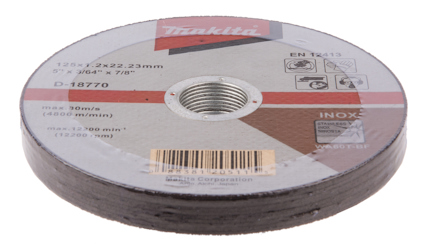 Rund skärskiva från Makita med specifikationerna 125x1.2x22.23 mm, max 80 m/s och 12,200 rpm.