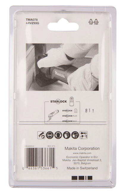 Förpackning av Makita Starlock TMA078 multimaskintillbehör med QR-kod och streckkod.
