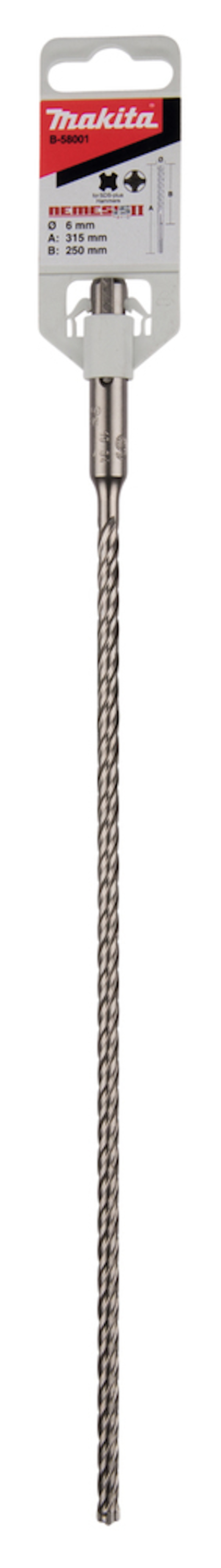 Borr för betong med SDS-Plus-fäste, märkt "Makita", med spiraldesign och förpackningsetikett.