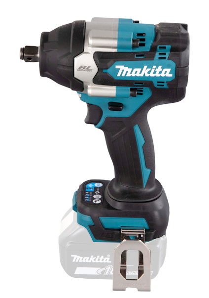 Batteridriven mutterdragare i svart och blått med Makita-logotyp, placerad mot vit bakgrund.