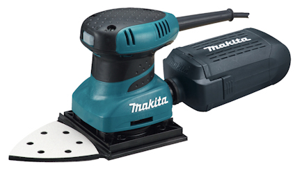 En slipmaskin av märket Makita i blått och svart, med triangelformad slipplatta.