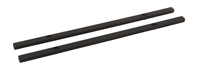 Två svarta, avlånga metallstänger med hål för skruvar.