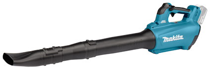 Batteridriven lövblås från Makita, blå och svart med långt munstycke och handtag.