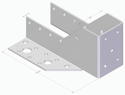 Metallkonsol med flera hål i olika storlekar och markerade mått: 137,5, 46 och 72.