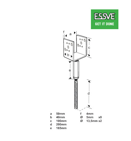 Diagram över ESSVE stolpsko med mått: a 50mm, b 40mm, c 100mm, d 200mm, e 165mm, f 4mm, Ø 5mm x8, Ø