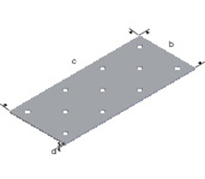 Rektangulär metallplatta med rader av hål igenom.