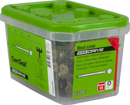 Genomskinlig låda med grönt lock innehållande träskruvar. Text: "ESSDRIVE", "CorrSeal", "ESSE".