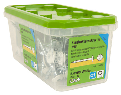 Plastlåda med grönt lock innehållande konstruktionsskruvar, 6,0x60 White, 100 stycken, märkt ESSVE.
