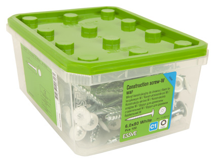Plastburk med grönt lock innehållande vita byggskruvar, etikett "Construction screw-W 6,0x80 white".