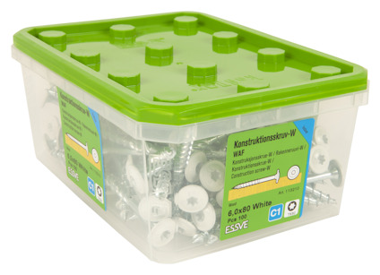 Plastlåda med grönt lock innehållande vita skruvar, etikett med texten "Konstruktionsskruv-W" och produktinfo.