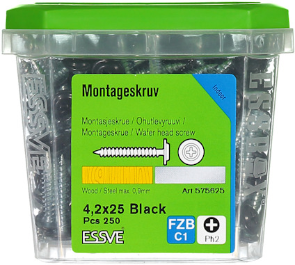 Förpackning med 250 svarta montageskruvar, 4,2x25 mm, Essve. Inomhusbruk, artikelnummer 575625, FZB C1.