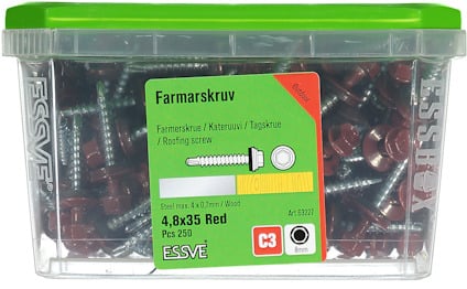Plastlåda med röda skruvar och etikett märkt "Farmarskruv 4,8x35 Red, 25 st, ESSVE".