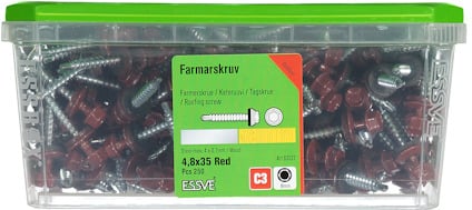 Transparent låda med etikett som visar "Farmarskruv" och detaljerad produktinformation. Lock och skruvar i rött.