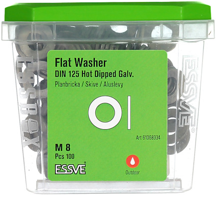 Transparent förpackning med 100 platta brickor, M8 storlek, från ESSVE. Grön etikett med produktinformation.