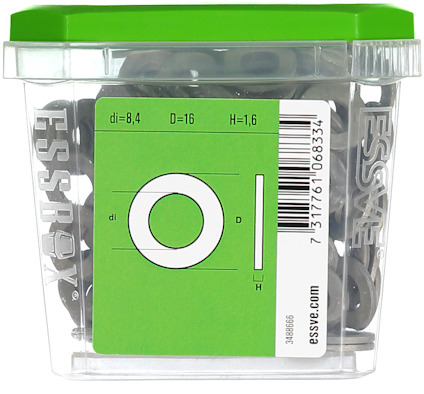 Essbox-förpackning med brickor, etikett visar mått: di=8,4, D=16, H=1,6. Produktnummer: 343066.