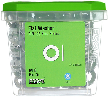 Transparent plastlåda med grönt lock, innehållande 100 stycken M8 zinkpläterade brickor. Märke: ESSVE.