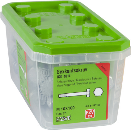 Förpackning med sexkantsskruvar, ISO 4015, M 10X100, 25 st, ESSVE, FZV C3. Grön lock.