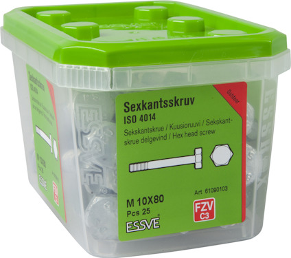 Plastburk innehållande sexkantsskruvar M10x80, 25 st, märkt ESSVE FZV C3, grön lock.