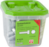 Sexkantskruvar i plastförpackning med grönt lock. Text: "Sexkantskruv ISO 4017 M 8X30 Pcs 50".