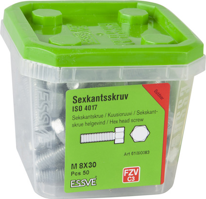 Sexkantskruvar i plastförpackning med grönt lock. Text: "Sexkantskruv ISO 4017 M 8X30 Pcs 50".