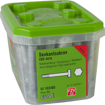 Förpackning med sexkantsskruvar, etikett visar ISO 4014, M 10x50, 50 st, ESSVE-varumärke. Grön lock.