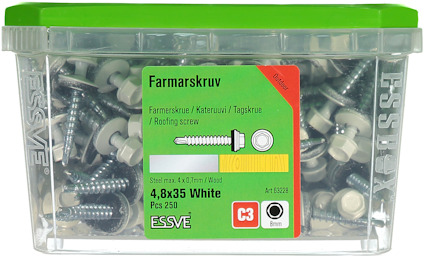 Plastlåda med grönt lock innehållande vita farmarskruvar, 4,8x35 mm, 250 st, märke Essve.