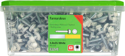 Förpackning med vita farmarskruvar, storlek 4,8x35 mm, 250 stycken, märkning C3.