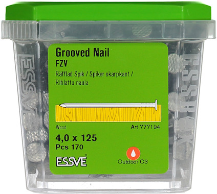 Plastförpackning med etikett för grov spik 4,0 x 125 mm, 170 st. Märke ESSVE.