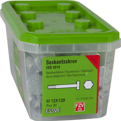 Behållare med sexkantsskruvar M 12X120, 20 st, grön lock. Text: "Sexkantskruv ISO 4014".