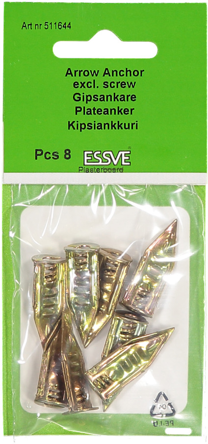 Förpackning med åtta gipsankare från Essve. Grön etikett med artikelnummer 511644.