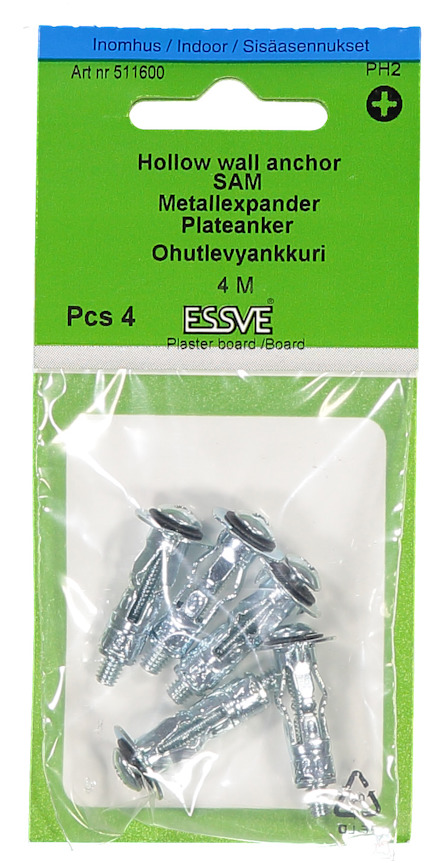 Förpackning med fyra metallankare för gipsvägg från Essve.