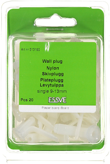Förpackning med skruvpluggar för gipsskivor, nylon, 9-13mm. Text på förpackningen: "Wall plug, ESVE, Art nr 513190, Pcs 20".