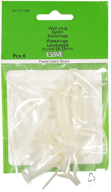 Förpackning med sex vita nylon skivpluggar för 26–28 mm, märkt ESVE, art.nr 511404.