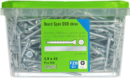 Plastlåda med 900 Board Spån OSB-skruvar, 3,9 x 42 mm, märkta Essve, stål, FZB C1.