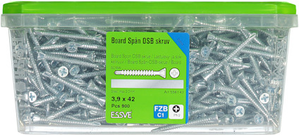 Låda med metallskruvar, etikett text: "Board Spån DSB skruv, 3,9 x 42, ESVE FZB C1".